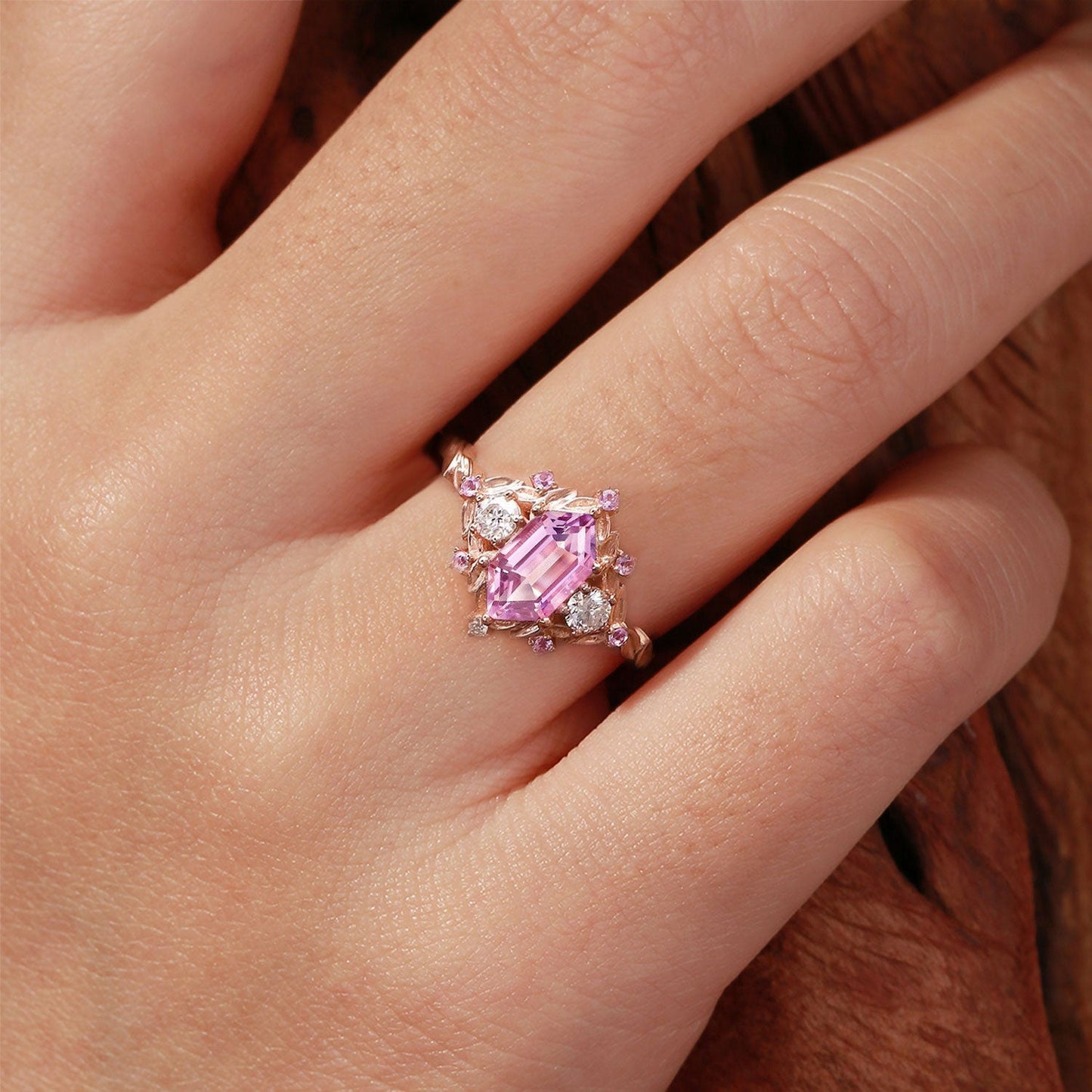 Unique floral engagement rings long hexagon Lab Padparadscha and amethyst cluster wedding ring set