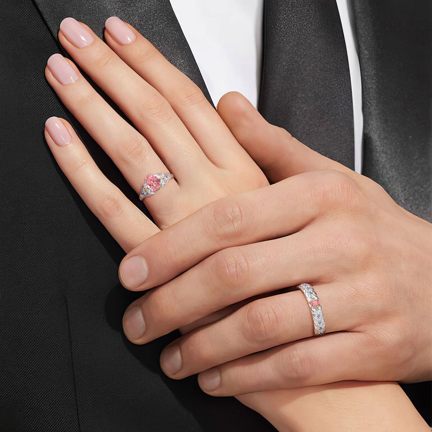 Unique Pear Lab Padparadscha His and Hers Matching Wedding Ring Set