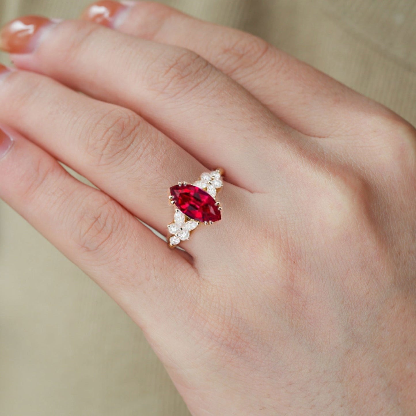 Unique Marquise Lab Ruby Engagement Ring Floral Elegance Bridal Ring