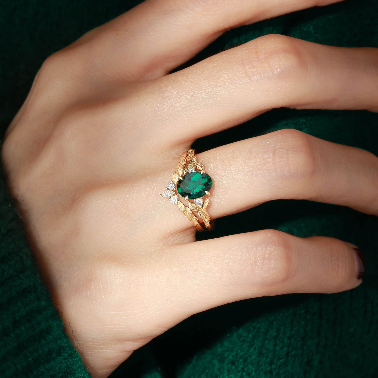 Unique floral engagement rings Nature Inspired Oval Lab Emerald Engagement Ring Set