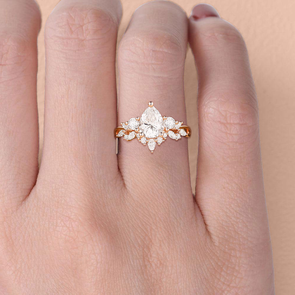 Unique floral Three Stone Pear Moissanite Cluster Engagement Ring
