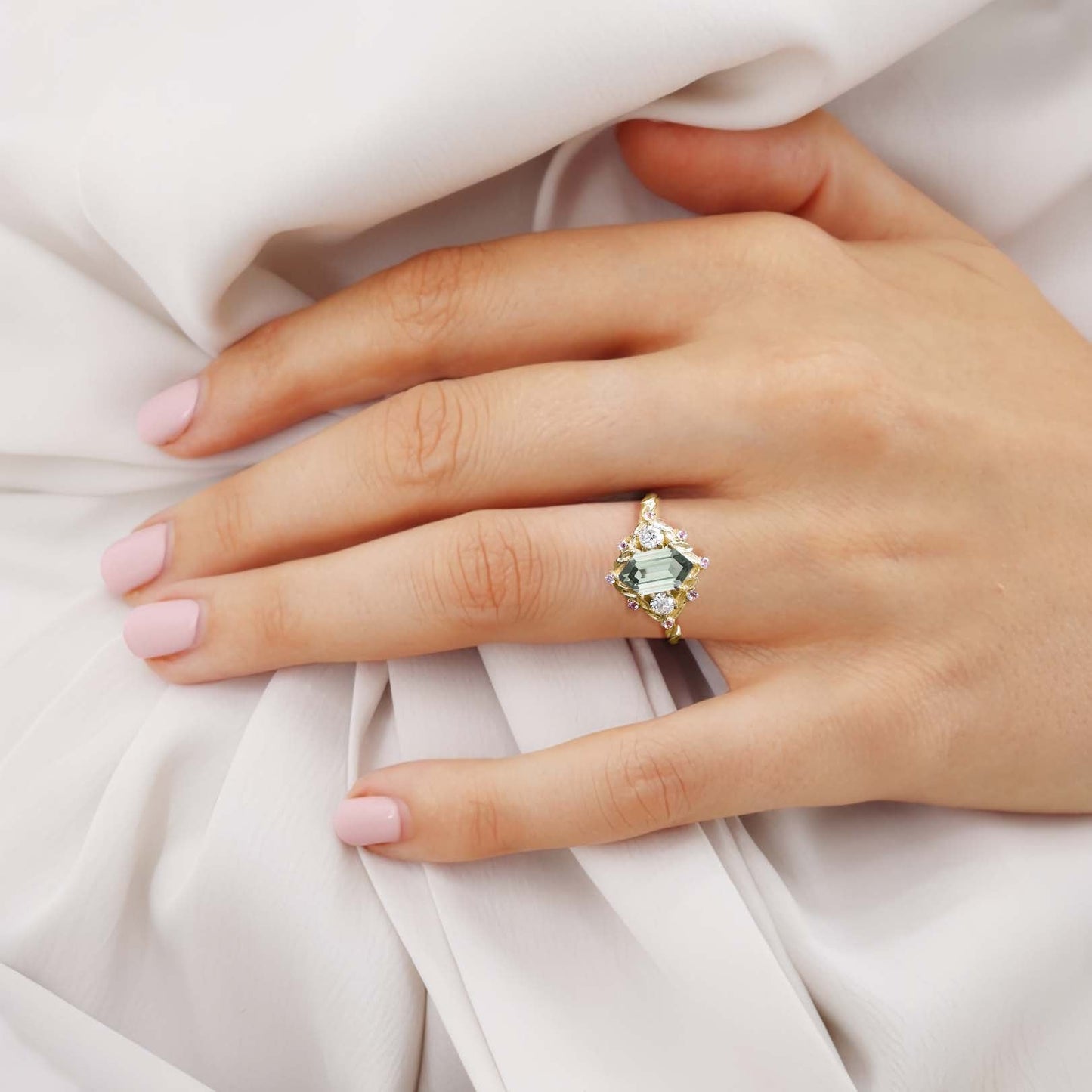 Unique Long Hexagon Green Lab Sapphire Cluster Wedding Ring Promise Ring For Women