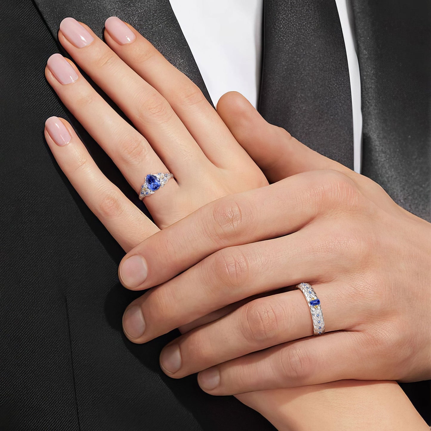 Unique Pear Lab Sapphire His and Hers Matching Wedding Ring Set