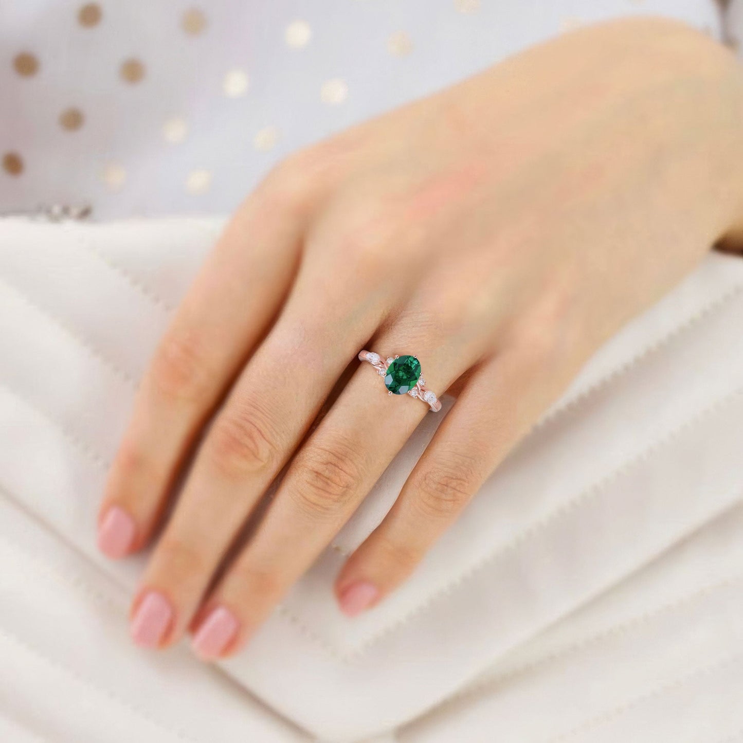 Unique Oval Lab Emerald Split Shank Engagement Ring