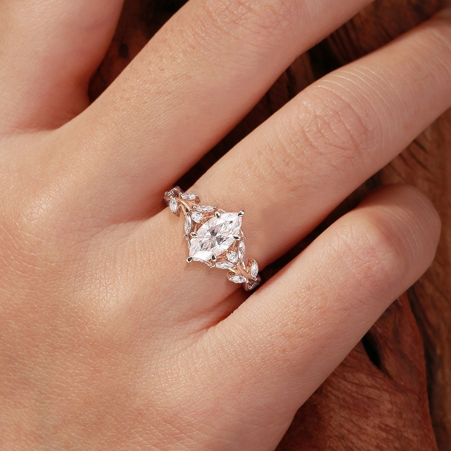 Unique Nature Inspired Marquise Moissanite Ring