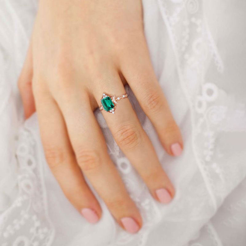 Vintage Lab Emerald Engagement Ring Whimsical Charm Bridal Ring