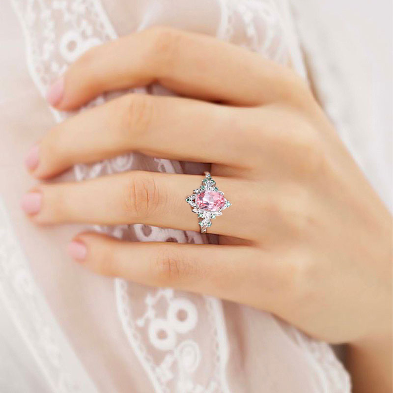 Vintage Briar Rose Oval Pink Lab Padparadscha Engagement Ring Olive Leaves Ring