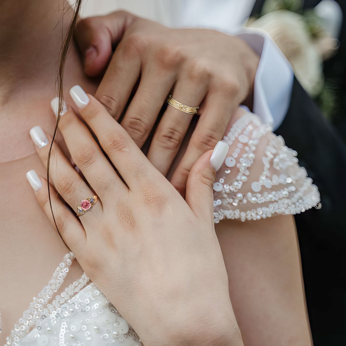 Unique Round Lab Padparadscha Promise Ring Engagement Ring Set for Couples