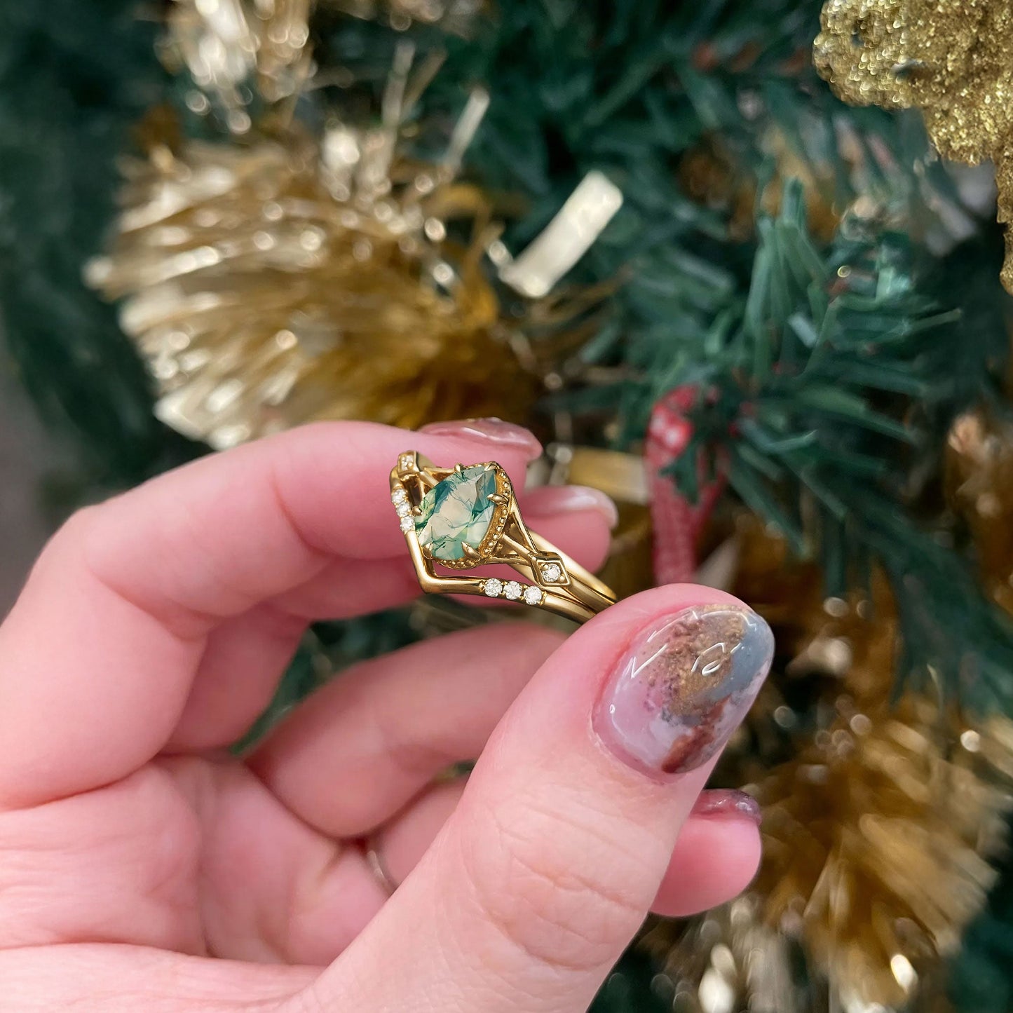 Unique Pear Moss Agate Bridal Ring Set