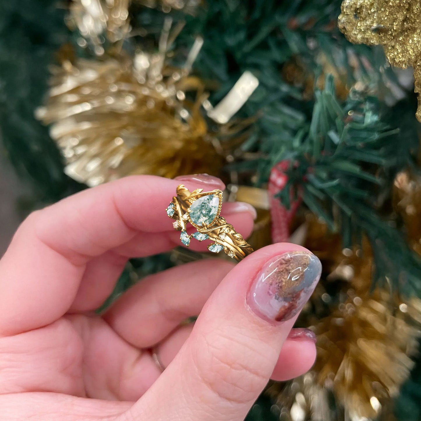 Unique Pear Moss Agate Bridal Ring Set Leaf Ring Set