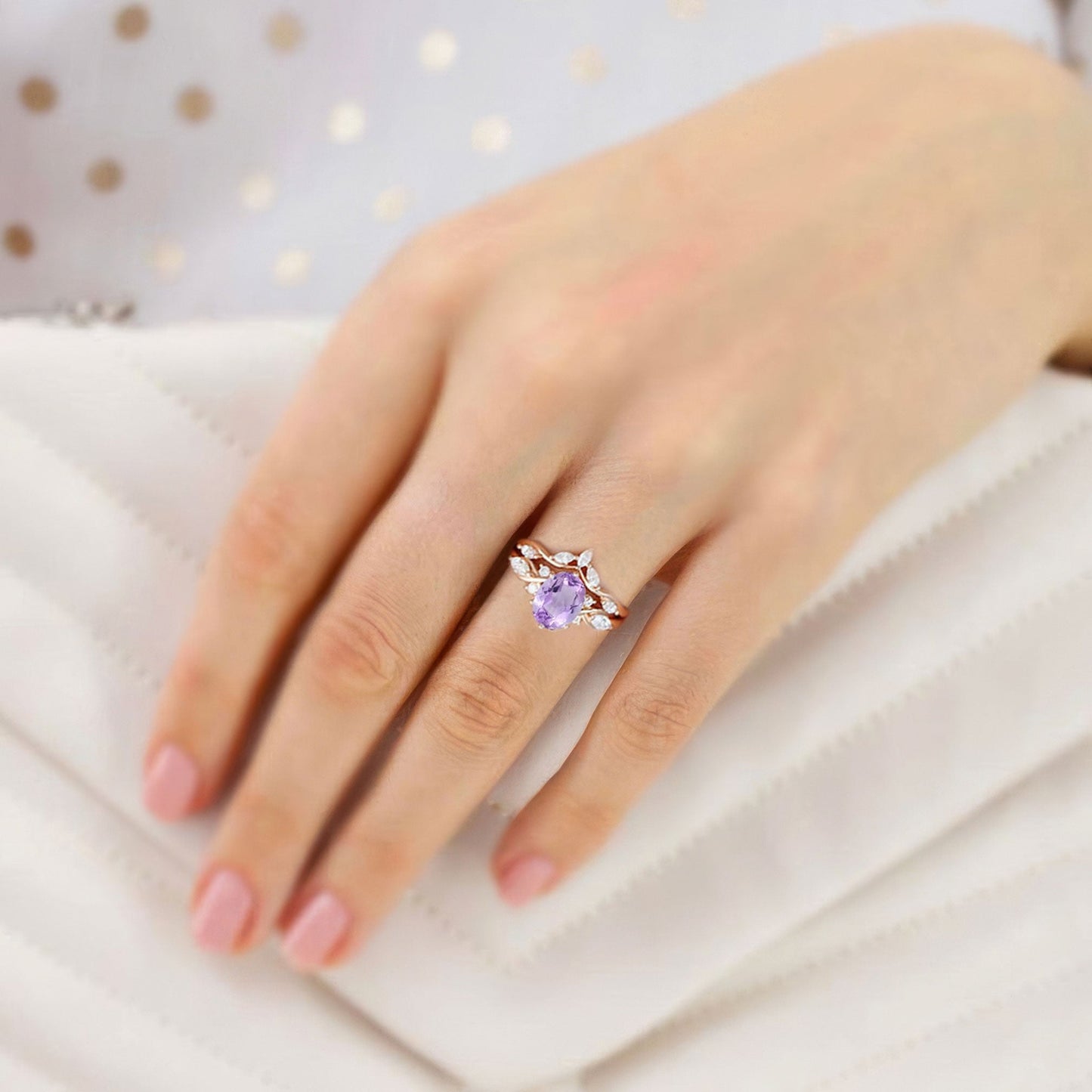 Vintage Oval Amethyst and Moissanite Curved Wedding Ring Set Bridal Ring Set