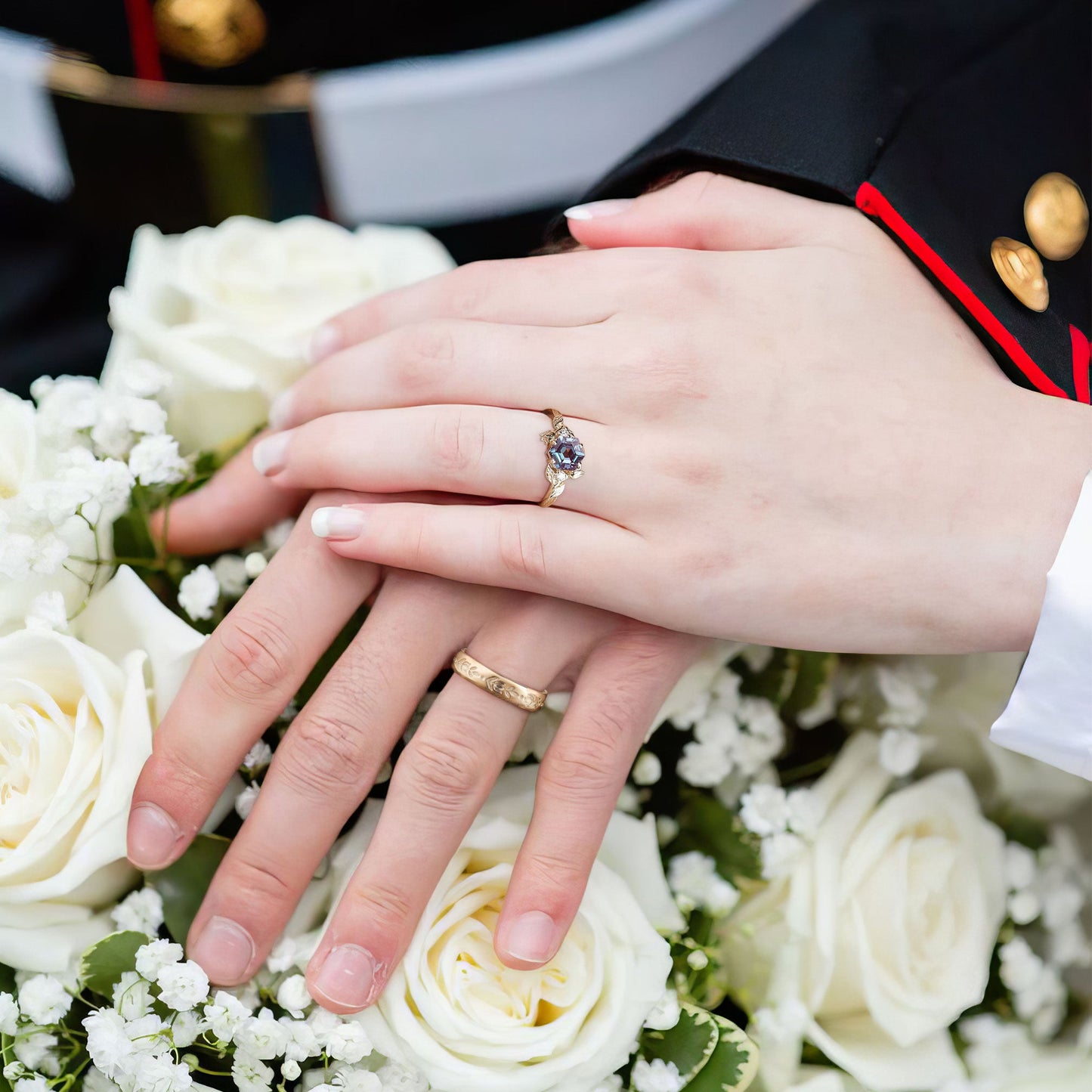 Unique Hexagon Lab Alexandrite Couple Promise Engagement Ring Set