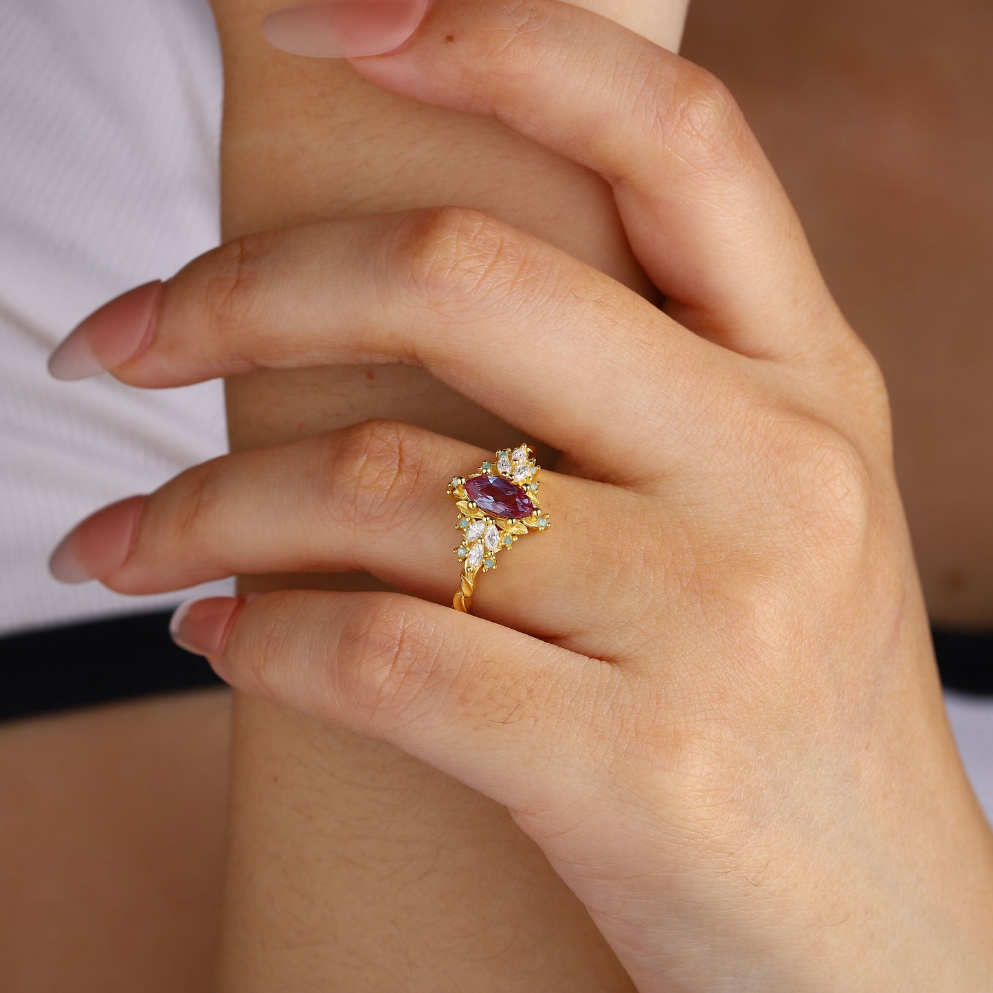 Unique Briar Rose Starlight Marquise Lab Alexandrite Ring