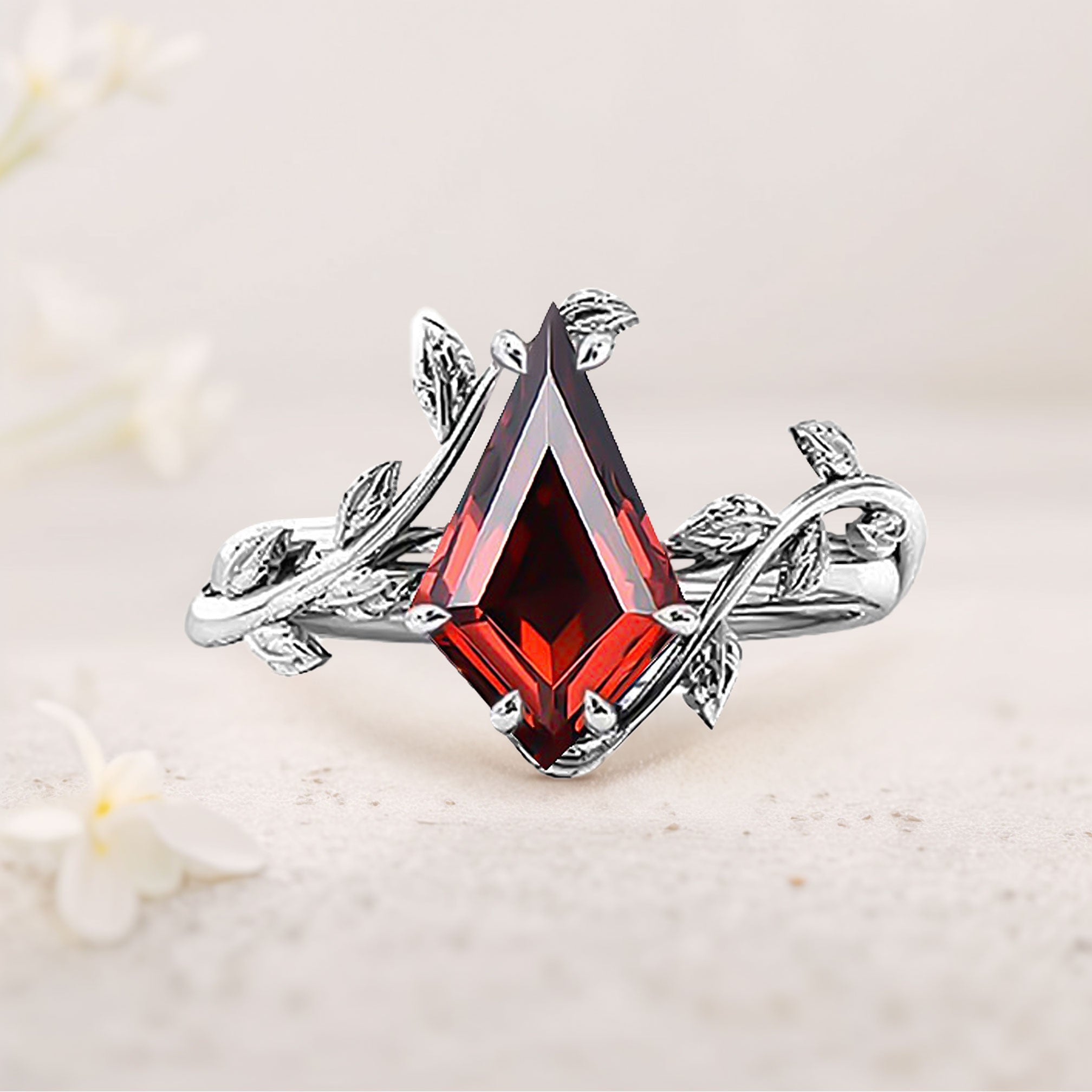 Customize your own Unique Kite Garnet Leaf 18K White Gold Engagement Ring