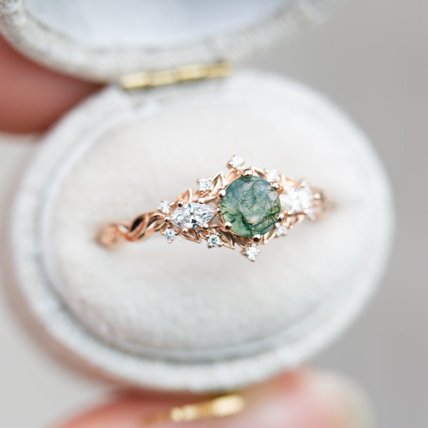 Unique Briar Rose Round Moss Agate and Moissanite Ring