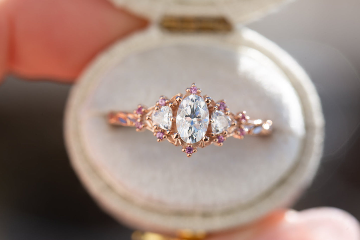 Unique Briar Rose Three Stone Oval Moissanite and Pink Sapphire Ring