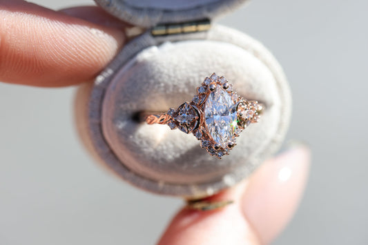 Unique floral engagement rings Moon three stone Half Halo Marquise Moissanite Ring