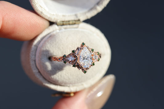 Unique floral engagement rings Moon Three Stone Pear Moissanite Ring