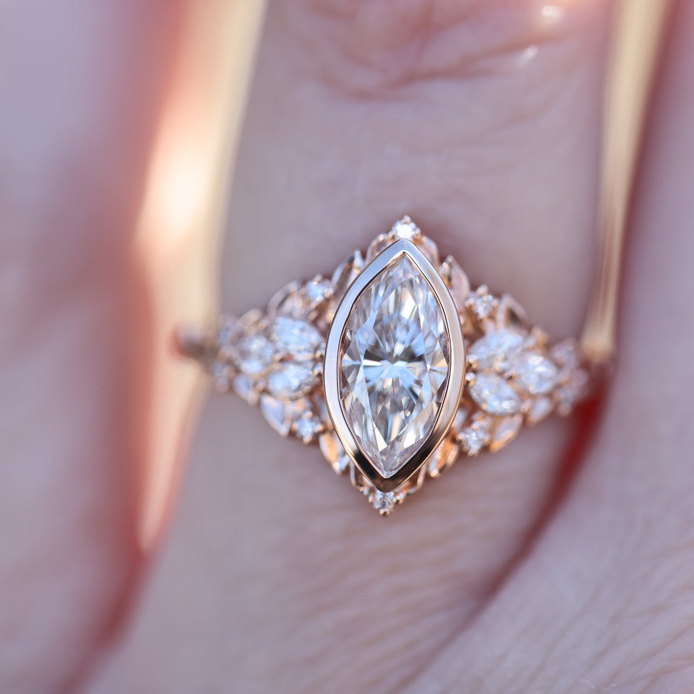 Unique Briar Rose Starlight Bezel Marquise Moissanite Ring