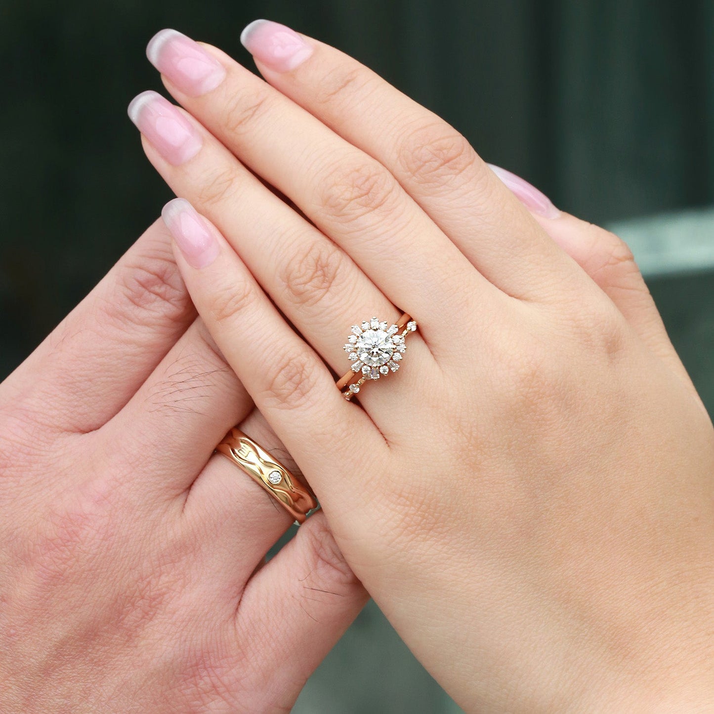 Unique Round Moissanite Halo Floral Ring Set