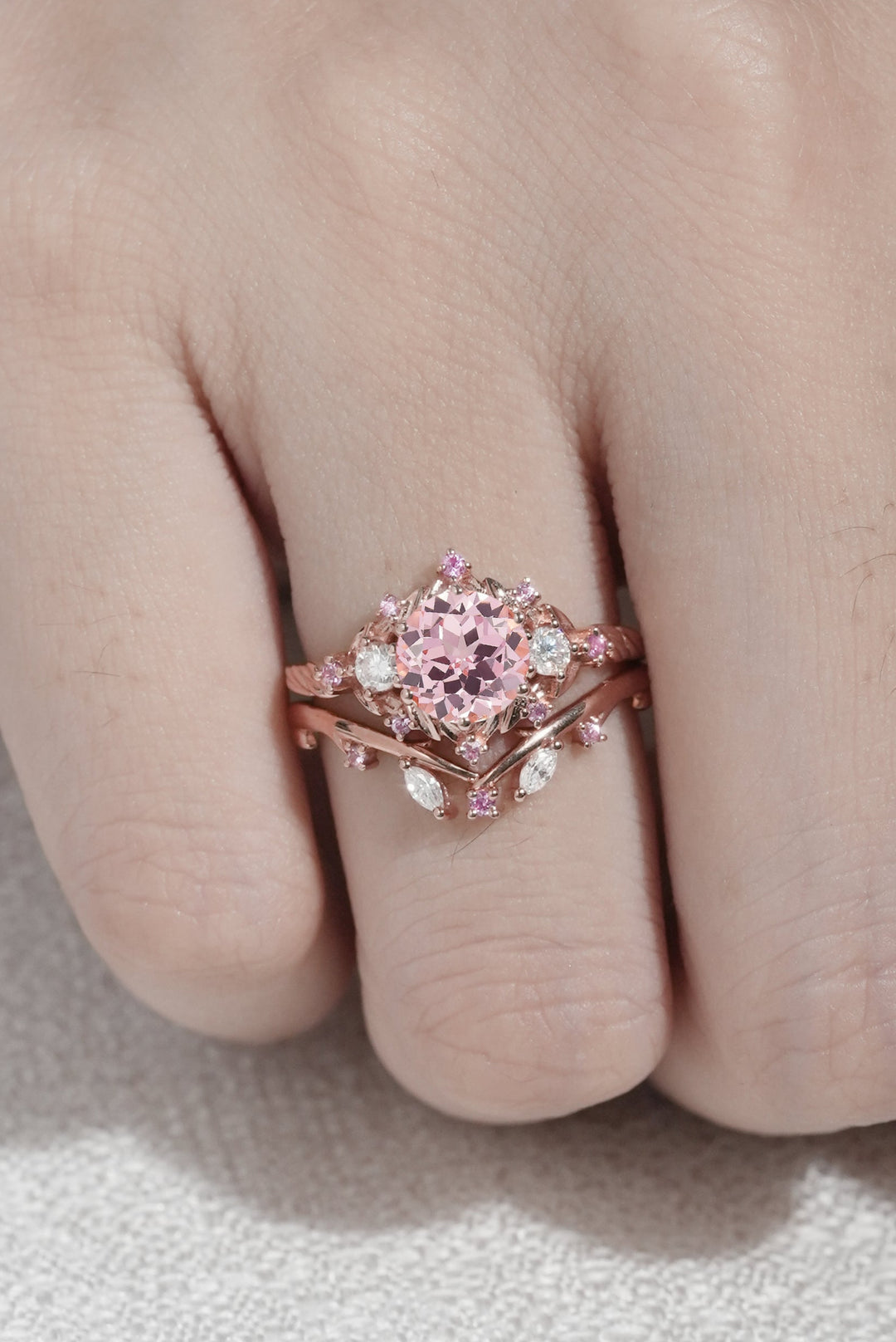 Unique floral engagement rings Round Padparadscha and Moissanite Engagement Ring Set