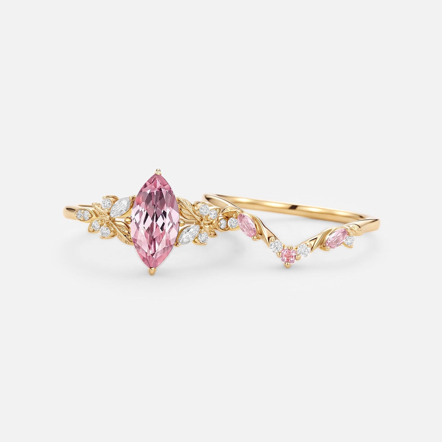 Vintage Marquise Lab Pink Sapphire Leafy Engagement Ring Set