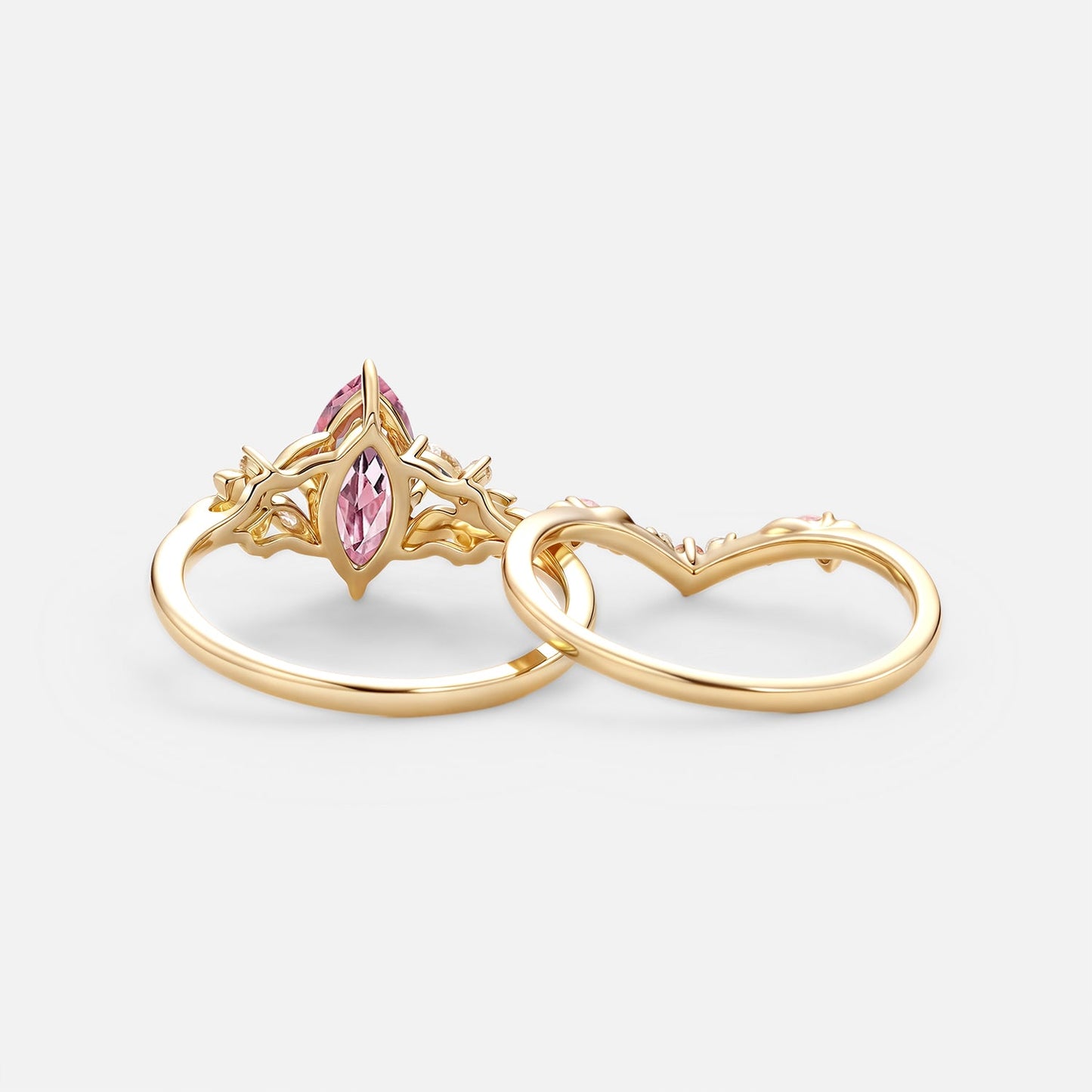 Vintage Marquise Lab Pink Sapphire Leafy Engagement Ring Set