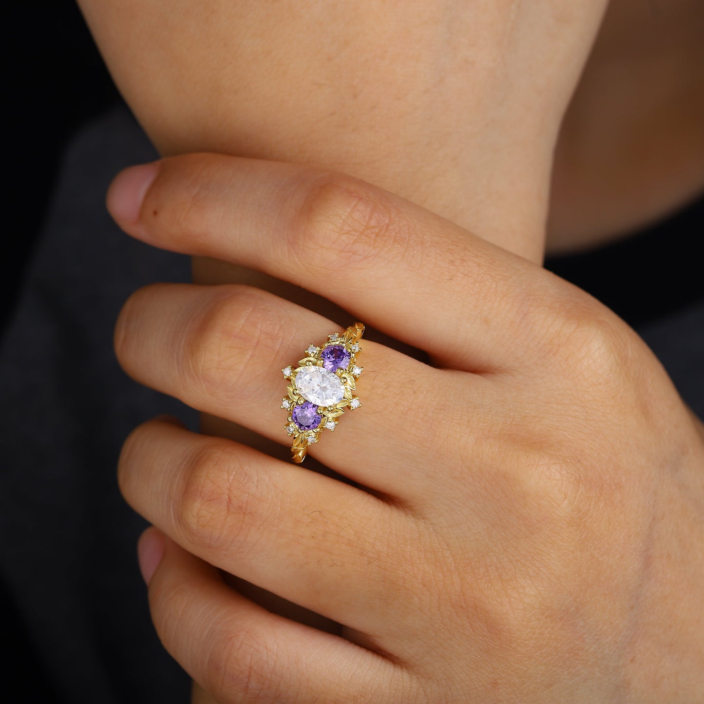 Unique Briar Rose Oval Moissanite and Lab Amethyst Ring