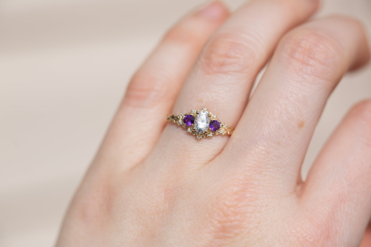 Unique Celeste Rose Oval Moissanite and Lab Amethyst Ring