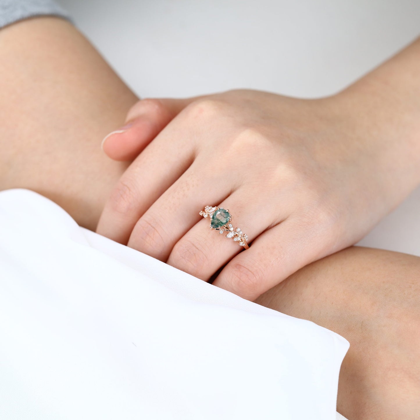 Unique floral engagement rings Pear Moss Agate Leaf Engagement Ring Mystical Garden Bridal Ring Promise Ring