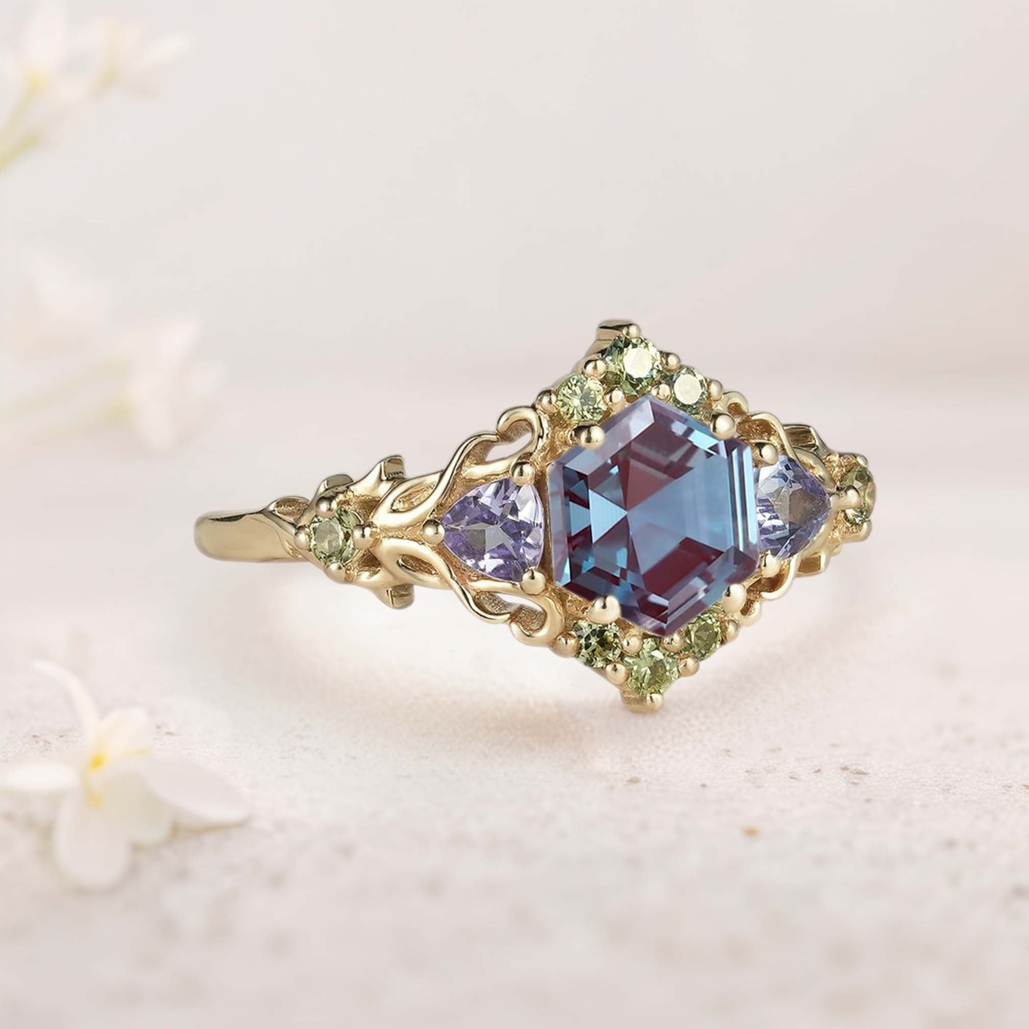 Unique floral engagement rings Three Stone Hexagon Lab Alexandrite and Blue sapphire 18K Yellow Gold Leaf Ring