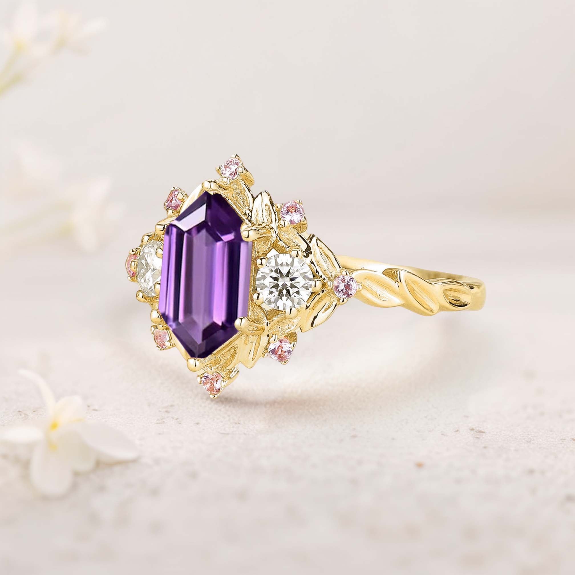 Unique floral engagement rings Long Hexagon Amethyst Cluster 18K Yellow Gold Wedding Ring Promise Ring For Women