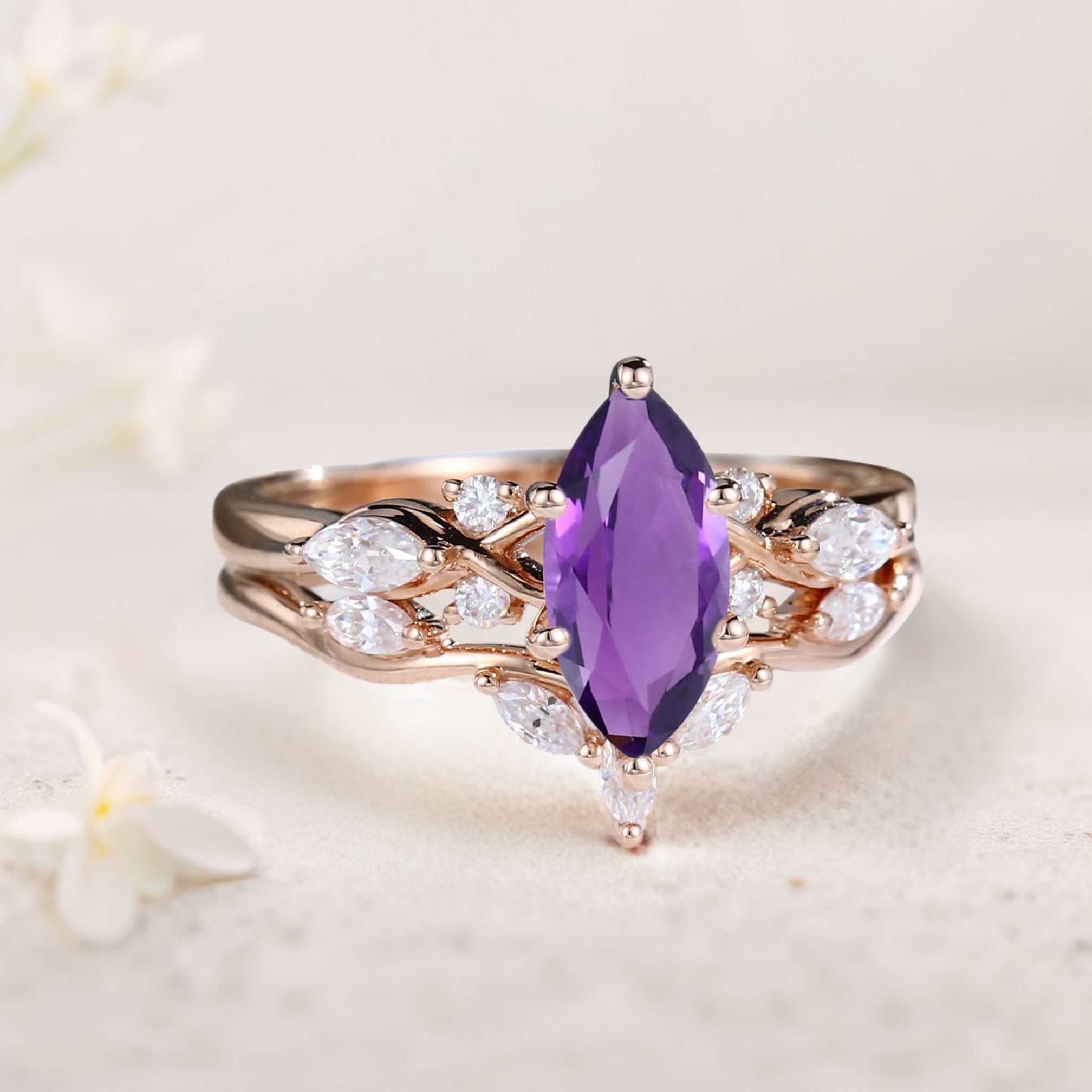 Unique Marquise Amethyst and Moissanite 18K Rose Gold Wedding Ring Set Bridal Ring Set