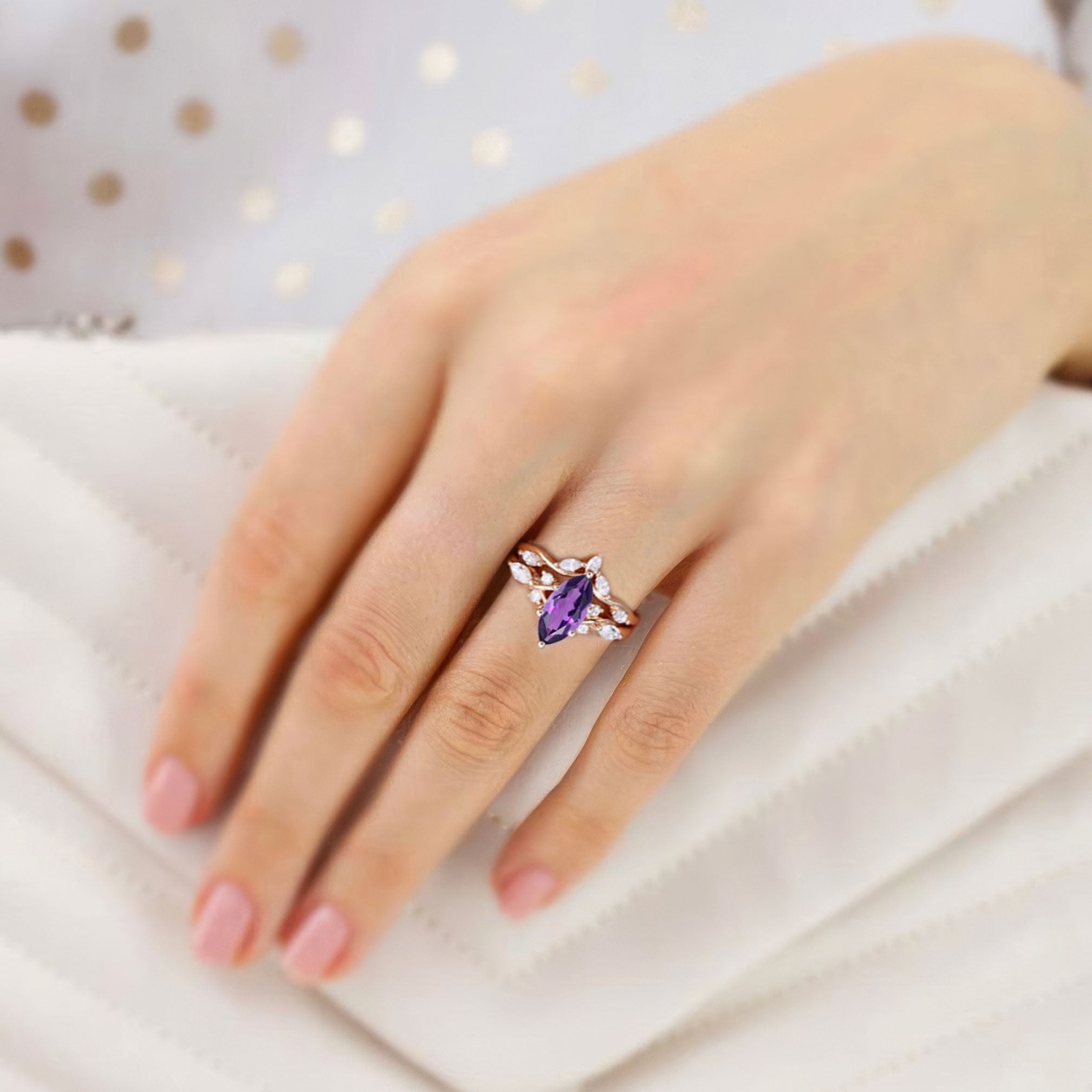 Unique Marquise Amethyst and Moissanite 18K Rose Gold Wedding Ring Set Bridal Ring Set