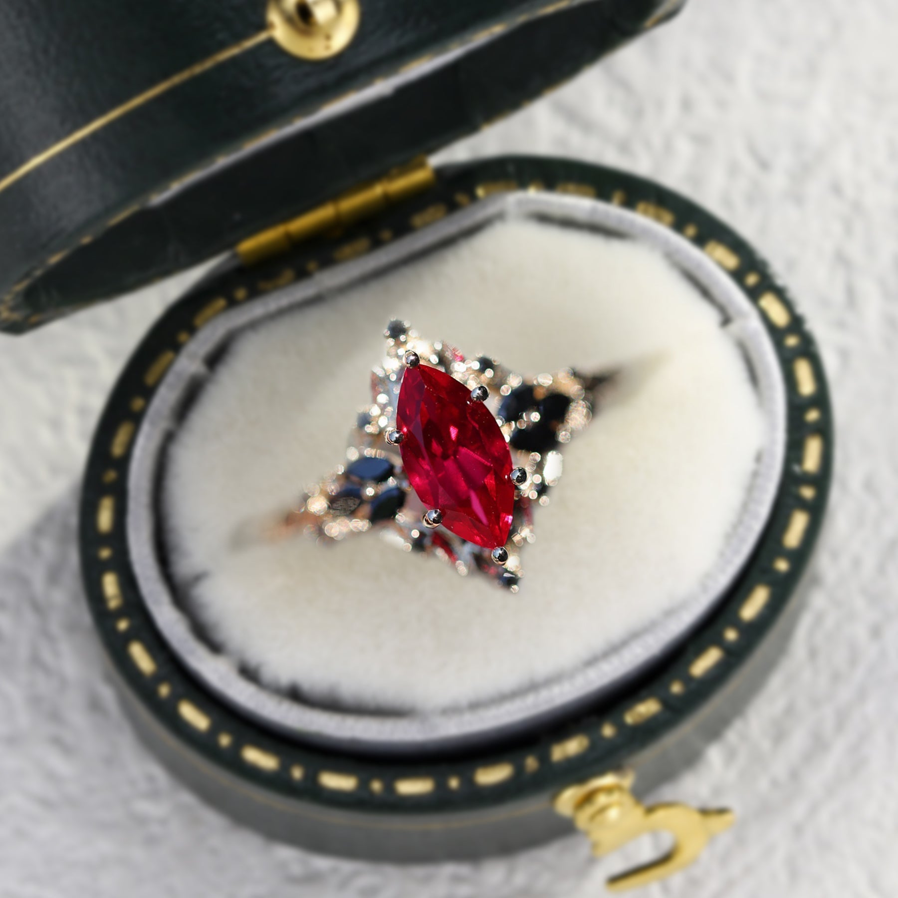 Unique Starlight Marquise Lab Ruby and Black Onyx 18K Yellow Gold Ring