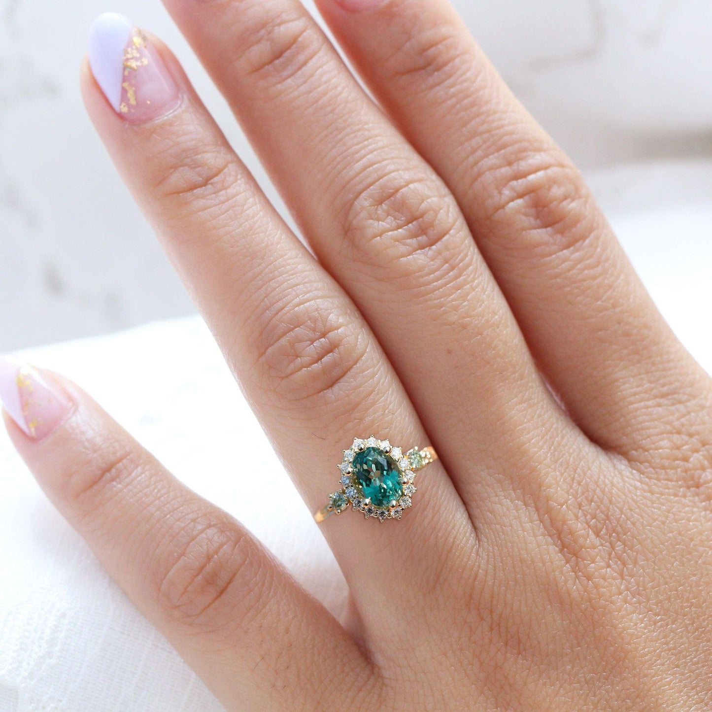 Unique Oval Shaped Green Lab Sapphire Wedding Ring Band Yellow Gold Ash Setting Sapphire Engagement Ring Curved Wedding Band Anniversary Rings For Women - Loveden Jewelry