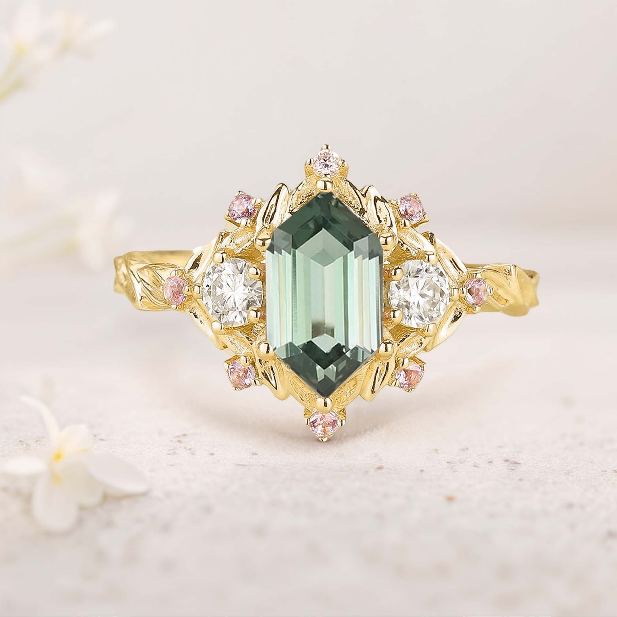 Unique Long Hexagon Green Lab Sapphire Cluster 18K Yellow Gold Wedding Ring Promise Ring For Women