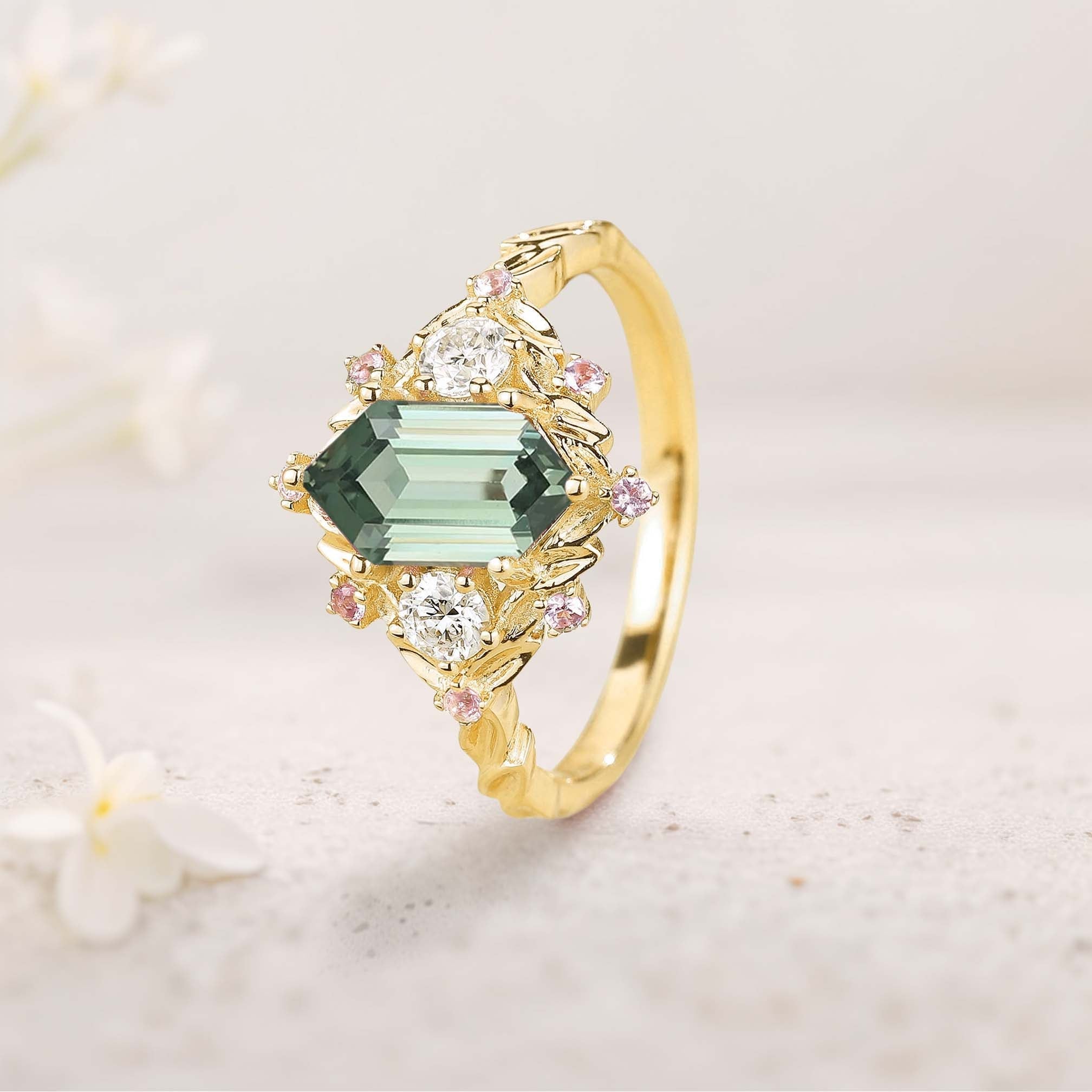 Unique Long Hexagon Green Lab Sapphire Cluster 18K Yellow Gold Wedding Ring Promise Ring For Women