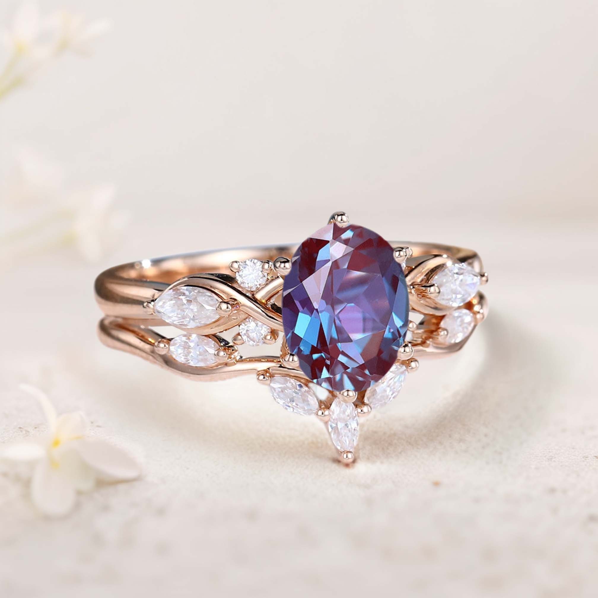 Vintage Oval Lab Alexandrite and Moissanite Curved 18K Rose Gold Wedding Ring Set Bridal Ring Set