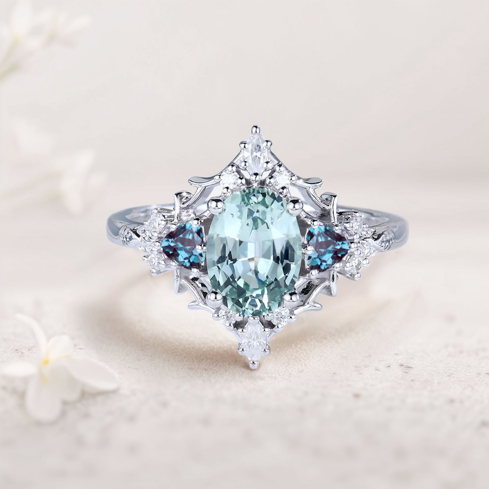 Vintage Briar Rose Oval Green Lab Sapphire and Alexandrite 18K White Gold Engagement Ring Filigree Ring