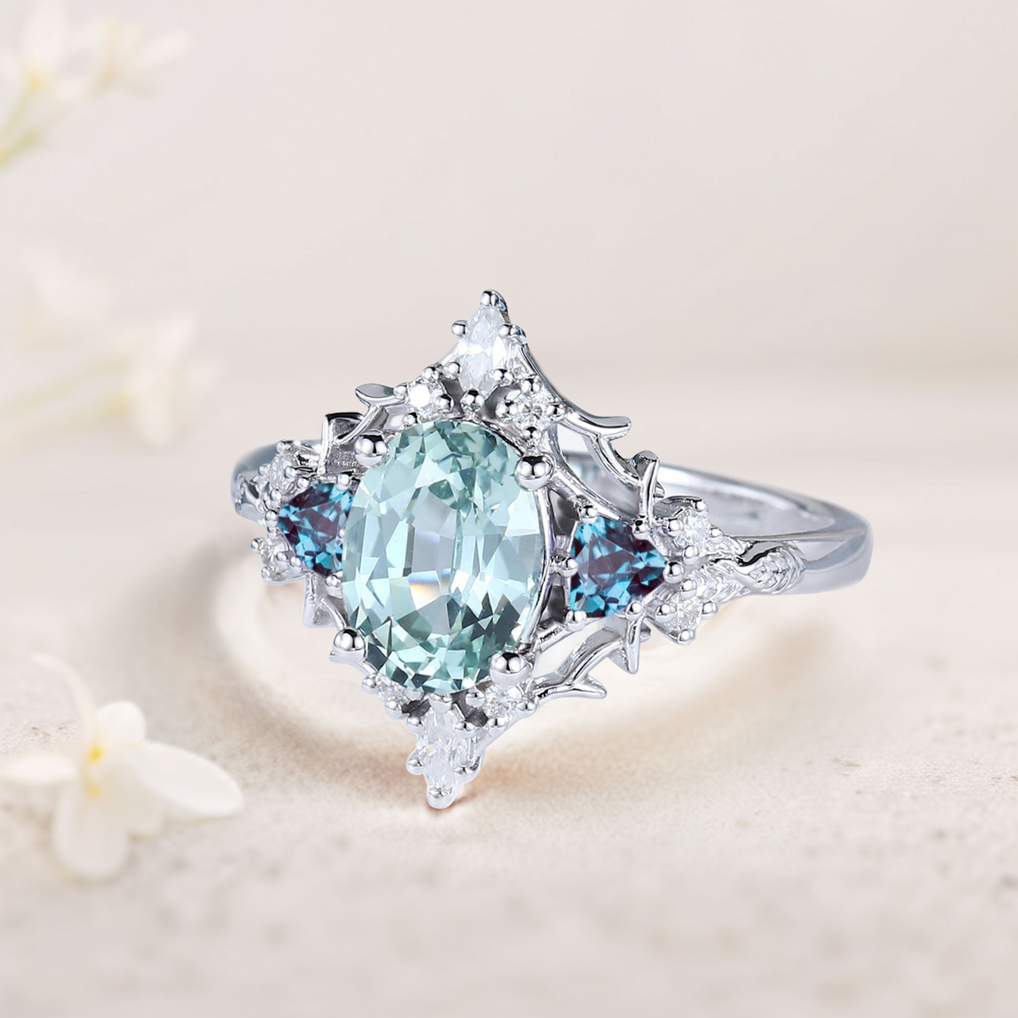 Vintage Briar Rose Oval Green Lab Sapphire and Alexandrite 18K White Gold Engagement Ring Filigree Ring