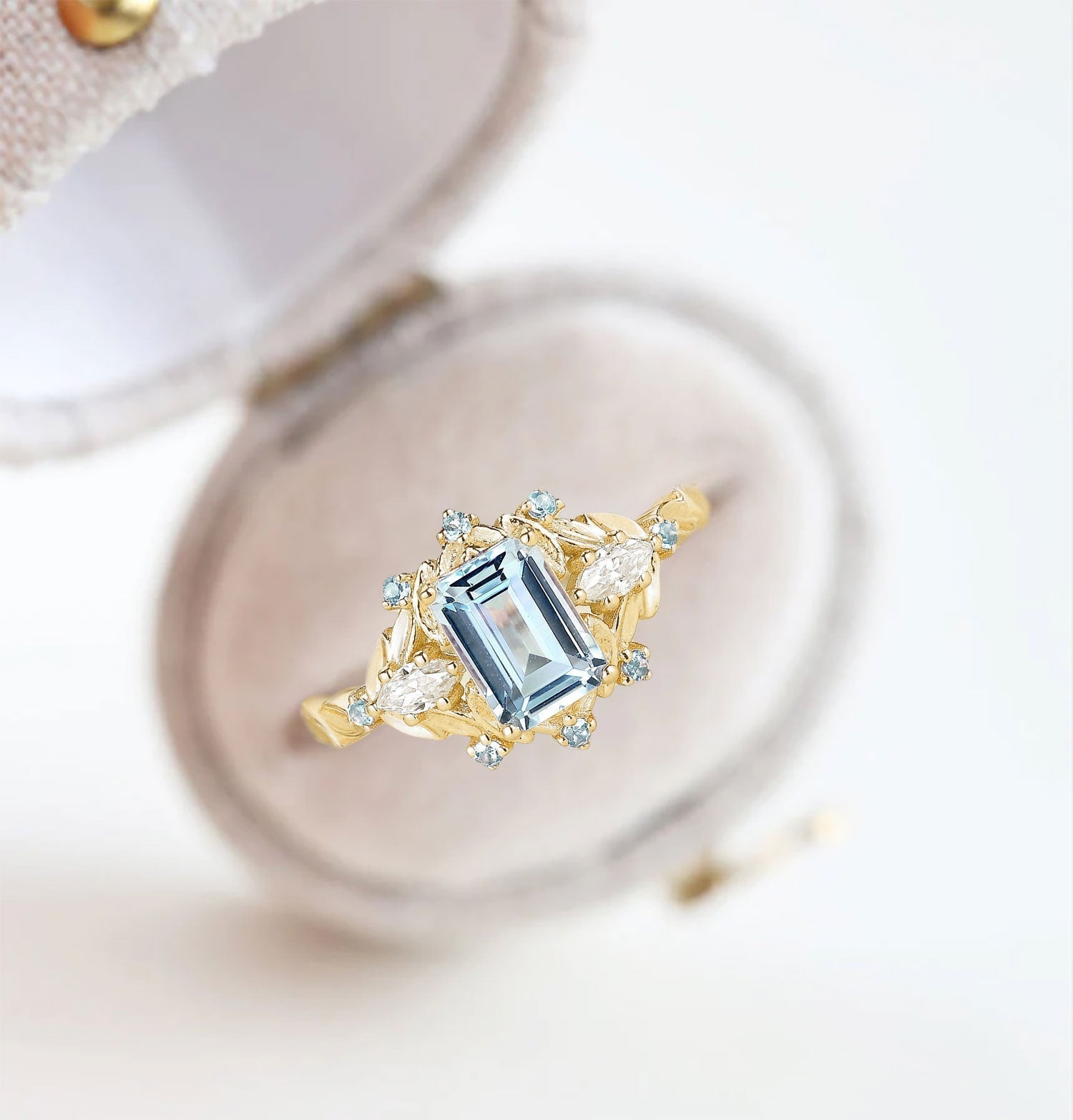 Unique floral engagement rings Emerald Cut Lab Aquamarine Flower Engagement Ring Aquamarine Halo Leaf 18K Yellow Gold Wedding Ring