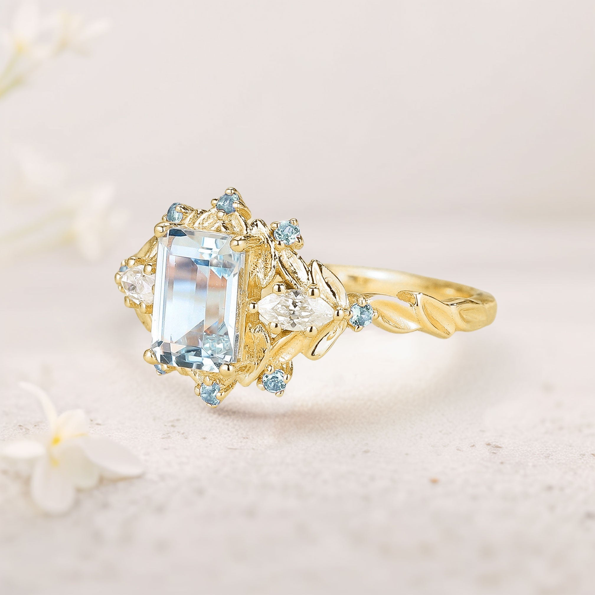 Unique floral engagement rings Emerald Cut Lab Aquamarine Flower Engagement Ring Aquamarine Halo Leaf 18K Yellow Gold Wedding Ring