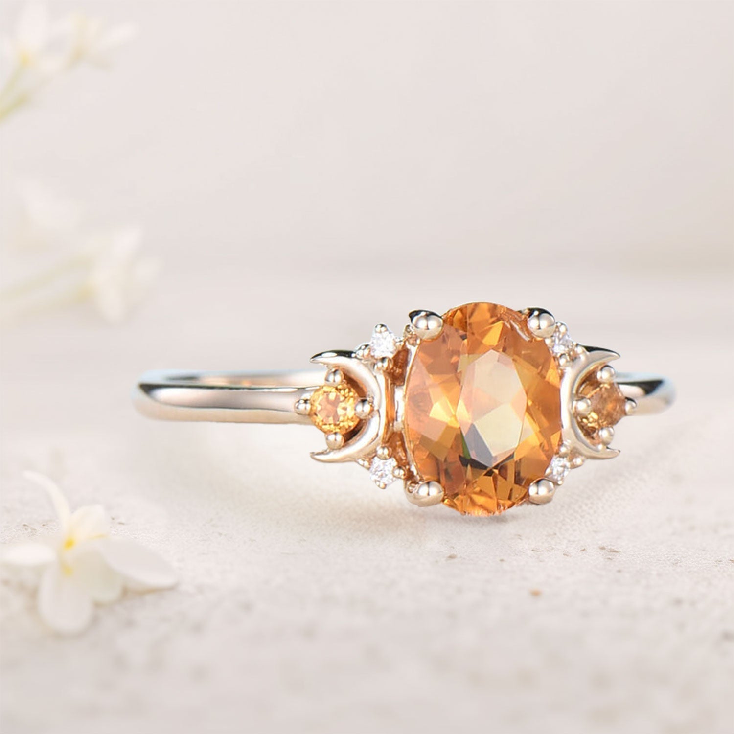 Vintage Moon Inspired Citrine Engagement Ring Anniversary Ring Magic Crescent Moon 18K Yellow Gold Healing Gem Ring