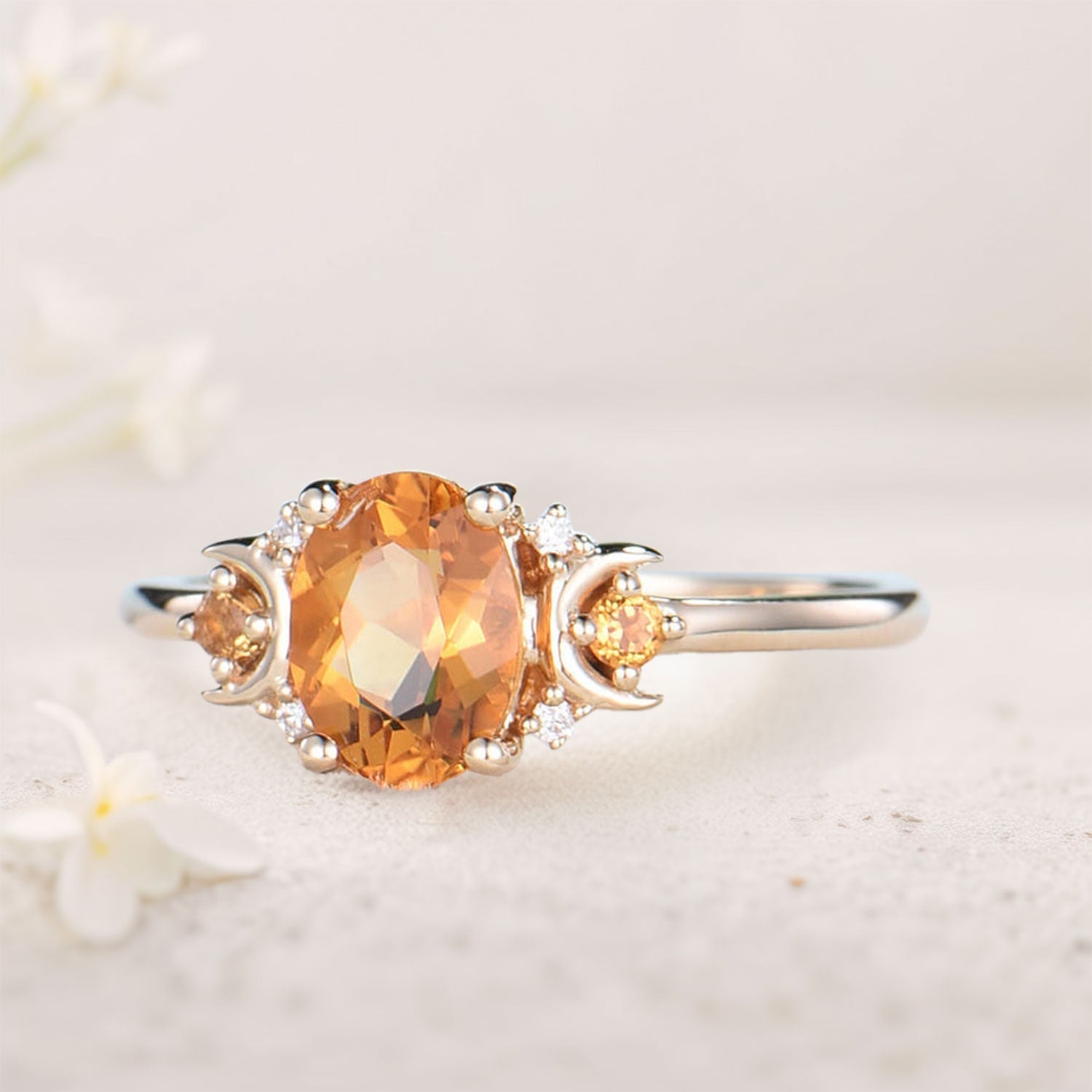 Vintage Moon Inspired Citrine Engagement Ring Anniversary Ring Magic Crescent Moon 18K Yellow Gold Healing Gem Ring