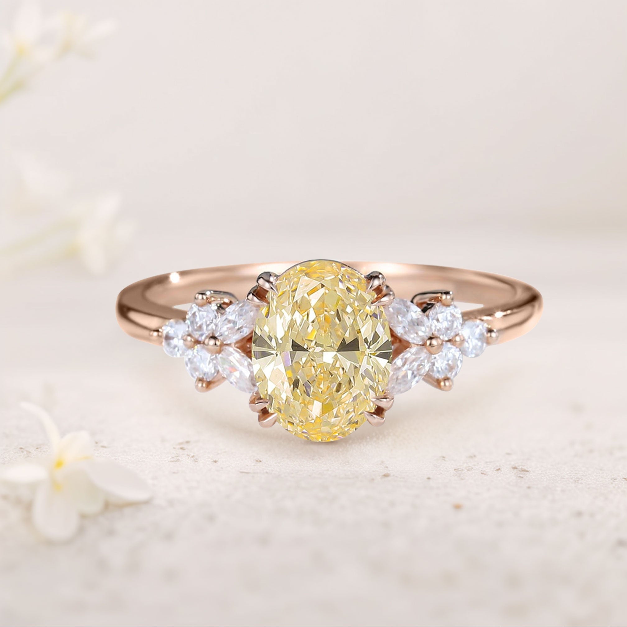 Unique Oval Citrine Blossom 18K Rose Gold Engagement Ring