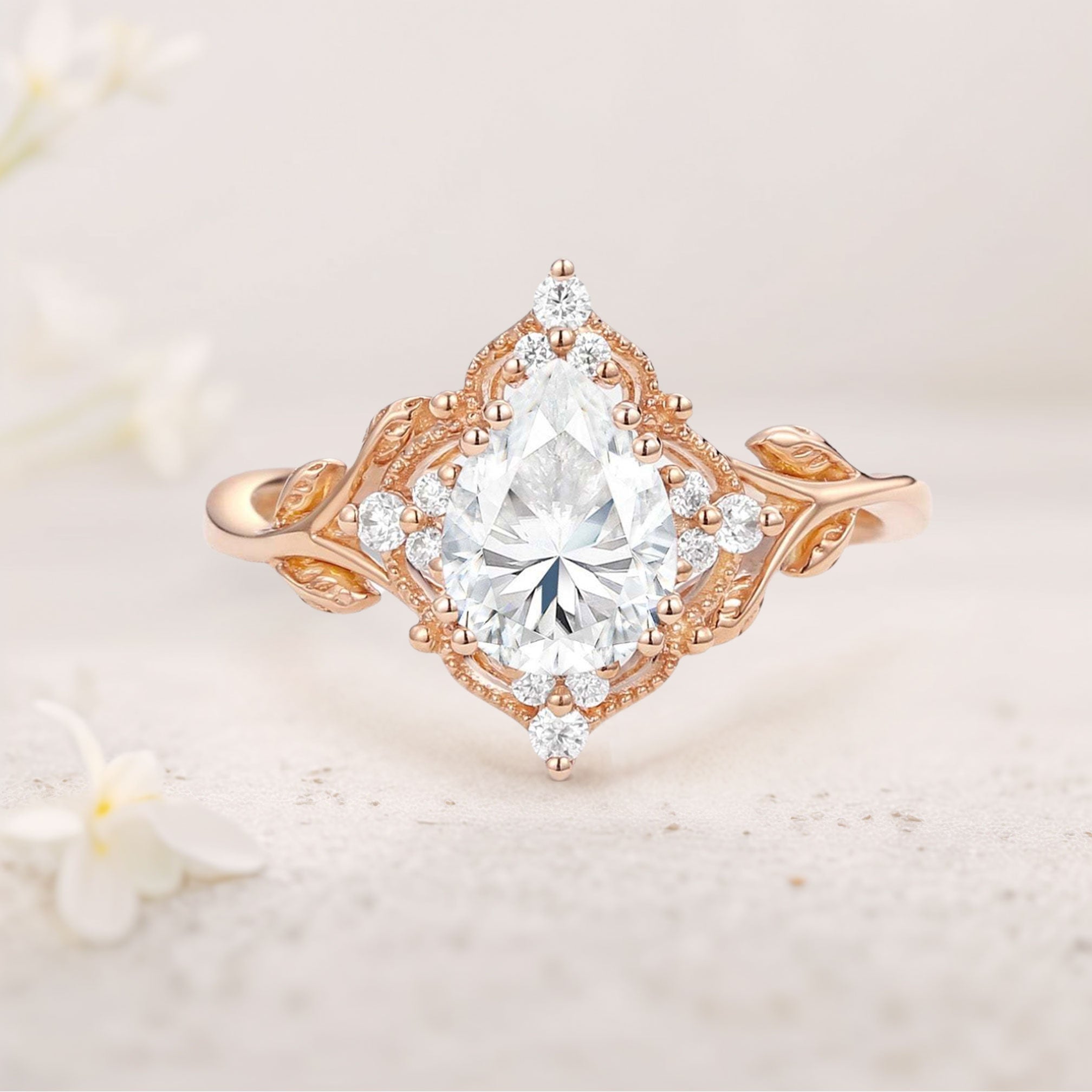 Vintage floral engagement rings Pear Moissanite Leafy 18K Yellow Gold Engagement Ring