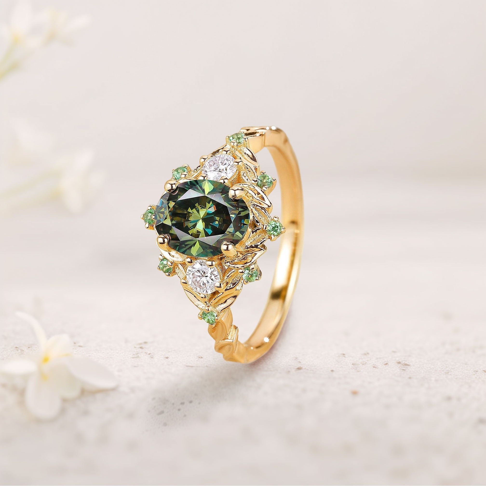 Vintage floral engagement rings Oval Green Moissanite Flower 18K Yellow Gold Engagement Ring Halo Promise Ring