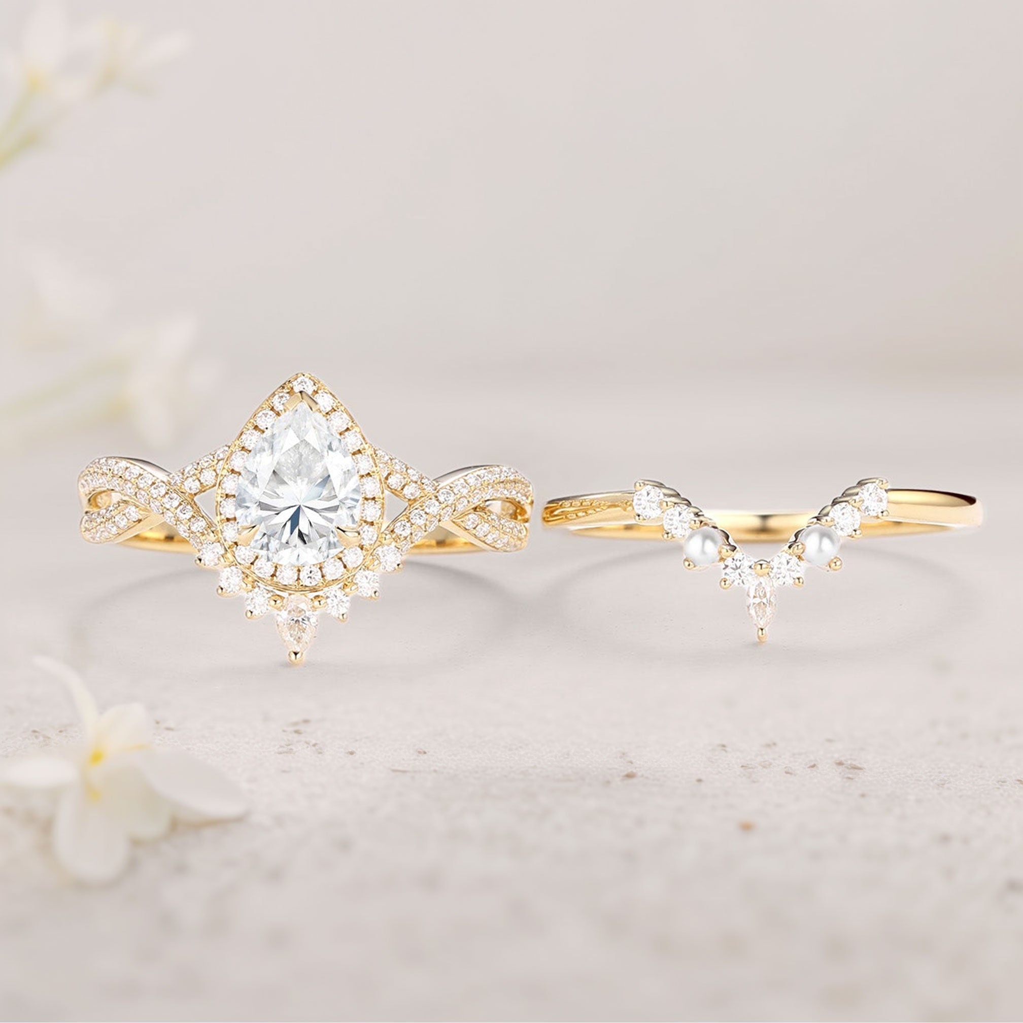 Vintage floral engagement rings Pear Moissanite and Pearl Halo 18K Yellow Gold Infinity Ring Set