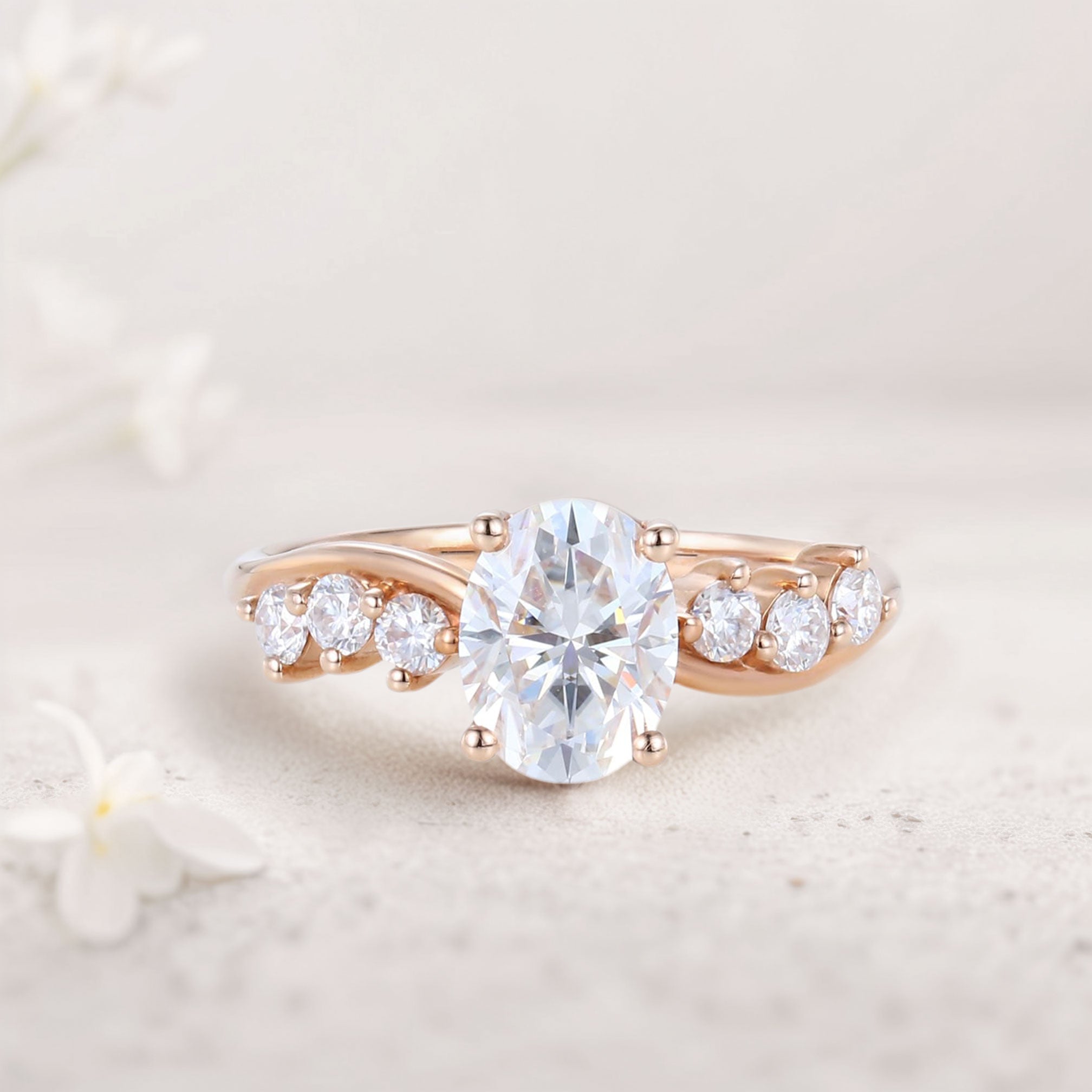 Unique Oval Moissanite 18K Rose Gold Engagement Ring Swirling Romance Bridal Ring